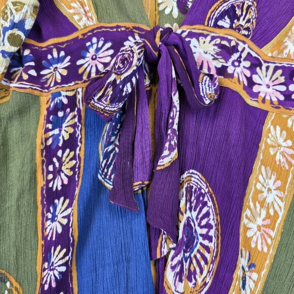 The Pyramid Collection Kimono Top Womens Medium Patchwork Tie Waist Boho Rayon - Picture 2 of 10